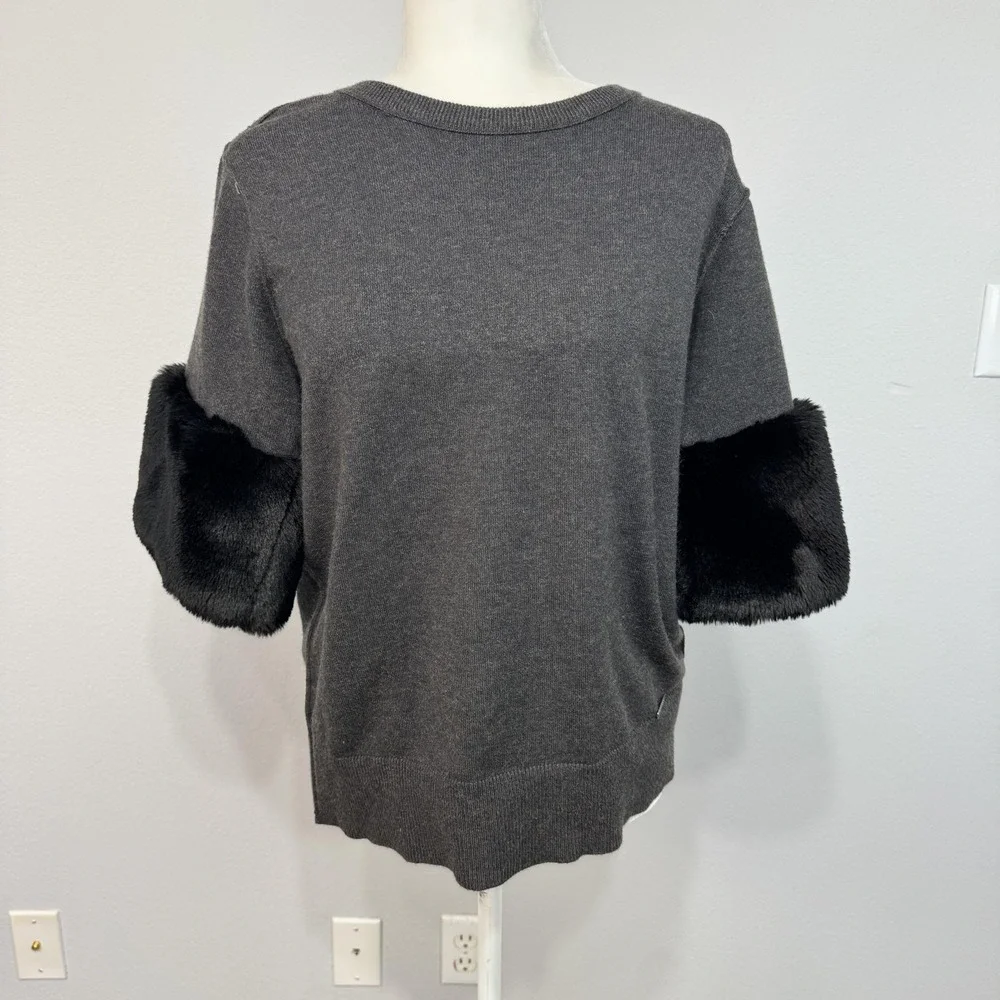 Michael Michael Kors Sweater‎ Womens Medium Gray Faux Fur Sleeve Trim Pullover